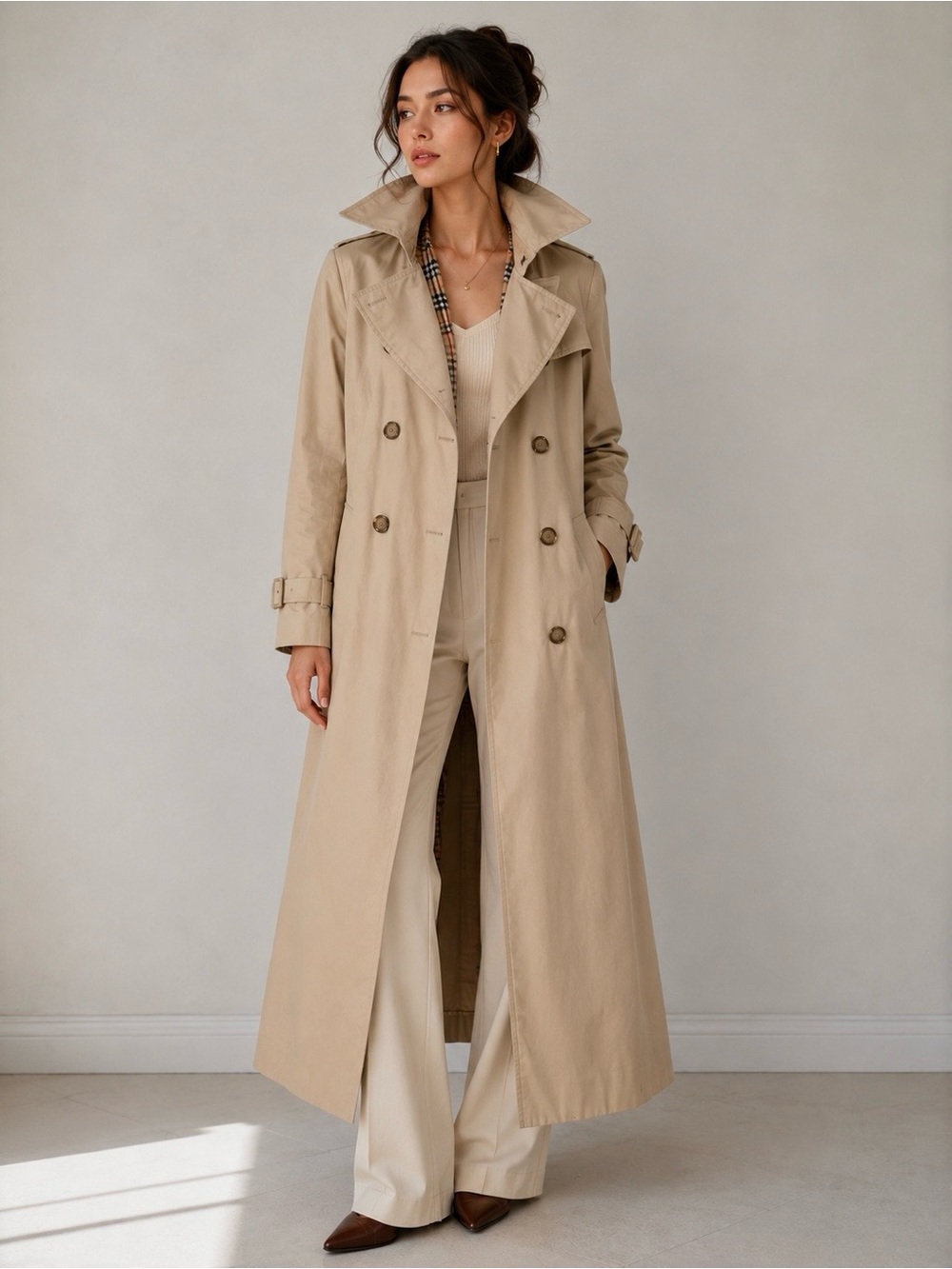 Beige Full-Length Trench Coat – Size M